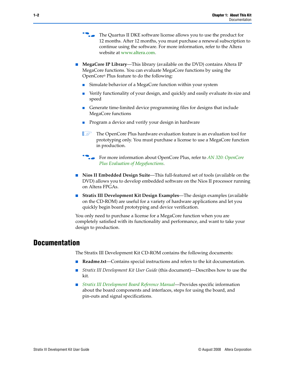 Documentation, Documentation –2 | Altera Stratix III User Manual | Page 6 / 34
