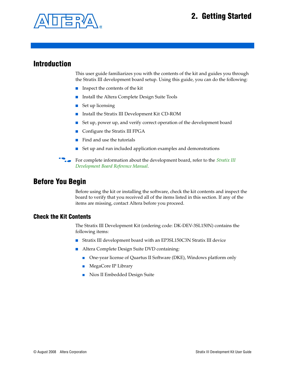 Getting started, Introduction, Before you begin | Check the kit contents, Chapter 2. getting started, Introduction –1 before you begin –1, Check the kit contents –1 | Altera Stratix III User Manual | Page 7 / 34