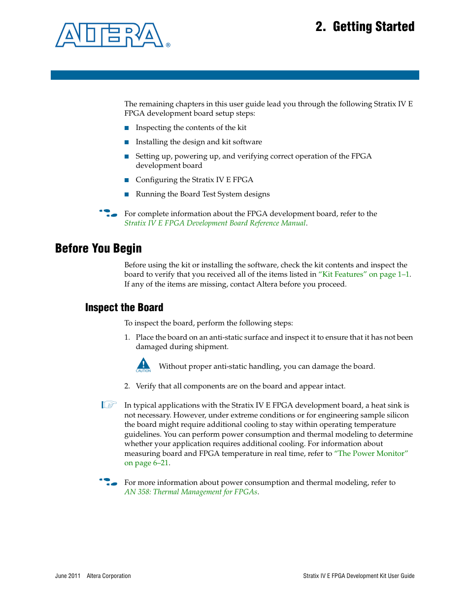 Getting started, Before you begin, Inspect the board | Chapter 2. getting started, Before you begin –1, Inspect the board –1 | Altera Stratix IV E FPGA User Manual | Page 11 / 58