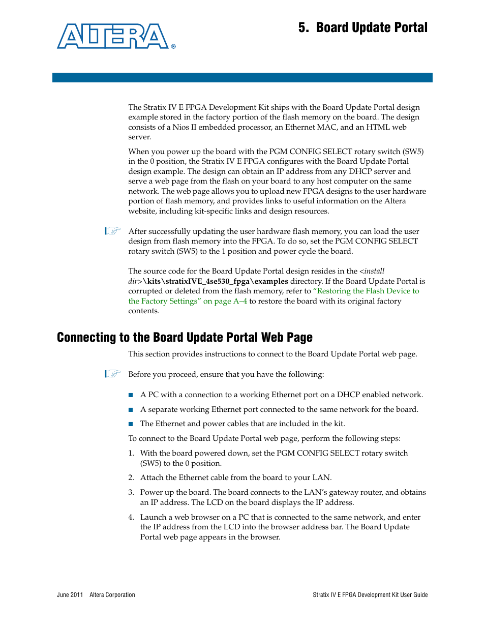 Board update portal, Chapter 5. board update portal, Connecting to the board update portal web page | Altera Stratix IV E FPGA User Manual | Page 25 / 58