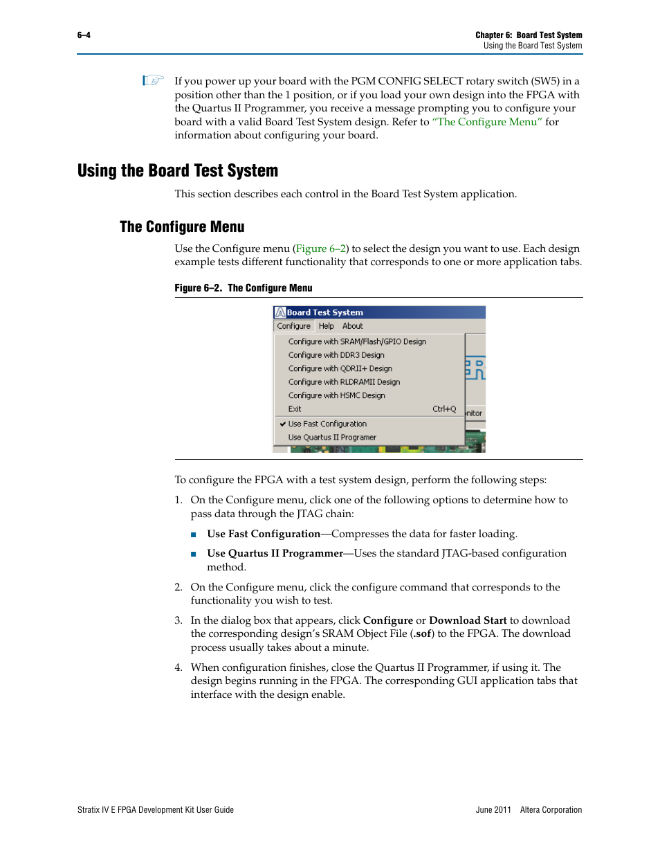 Using the board test system, The configure menu, Using the board test system –4 | The configure menu –4 | Altera Stratix IV E FPGA User Manual | Page 30 / 58