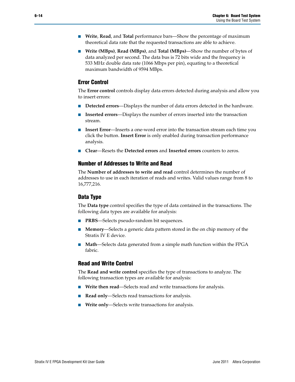 Error control, Number of addresses to write and read, Data type | Read and write control | Altera Stratix IV E FPGA User Manual | Page 40 / 58