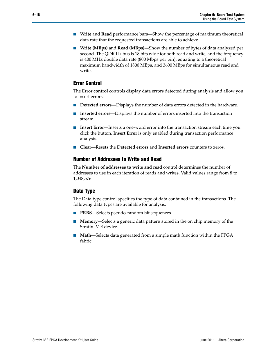 Error control, Number of addresses to write and read, Data type | Altera Stratix IV E FPGA User Manual | Page 42 / 58