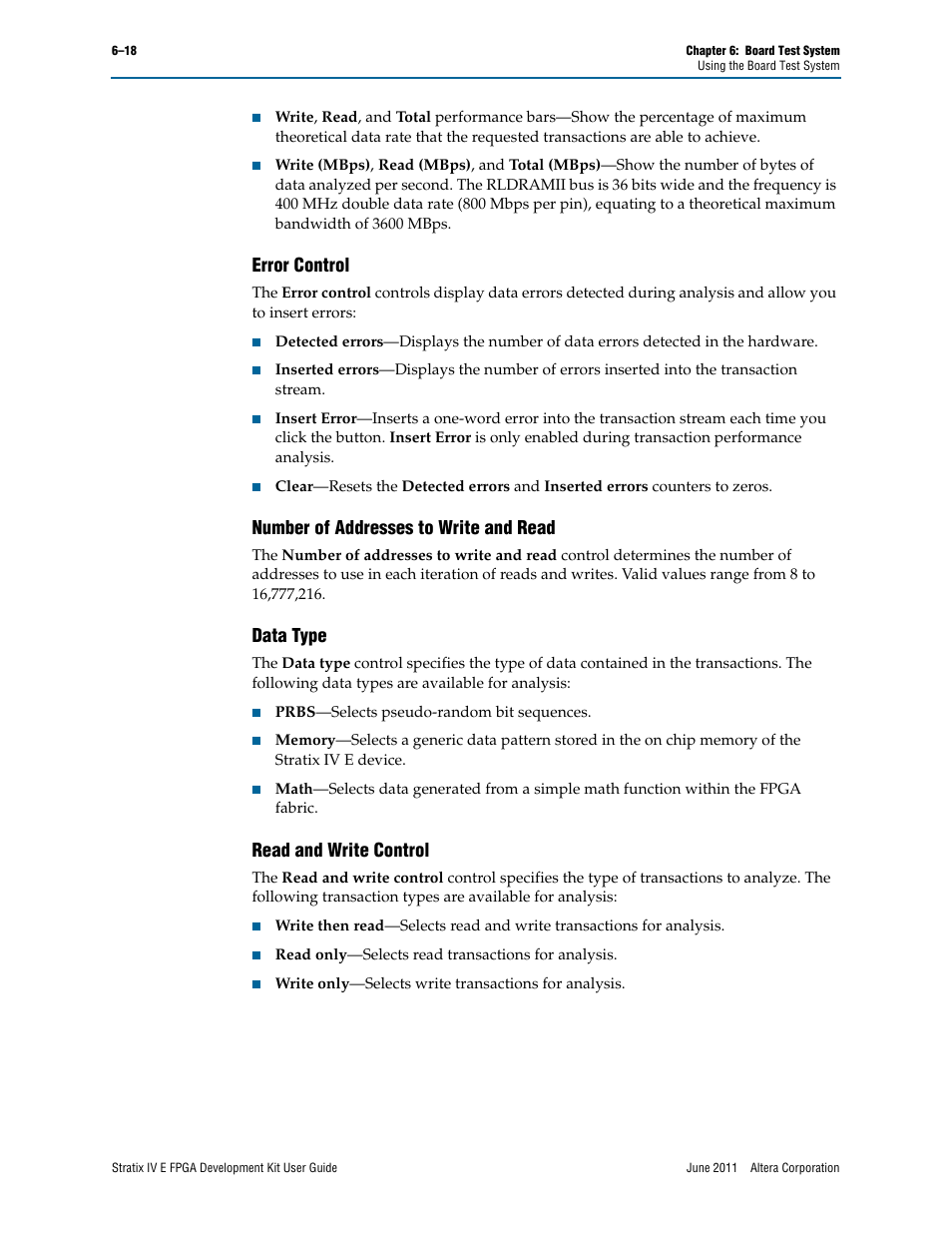 Error control, Number of addresses to write and read, Data type | Read and write control | Altera Stratix IV E FPGA User Manual | Page 44 / 58