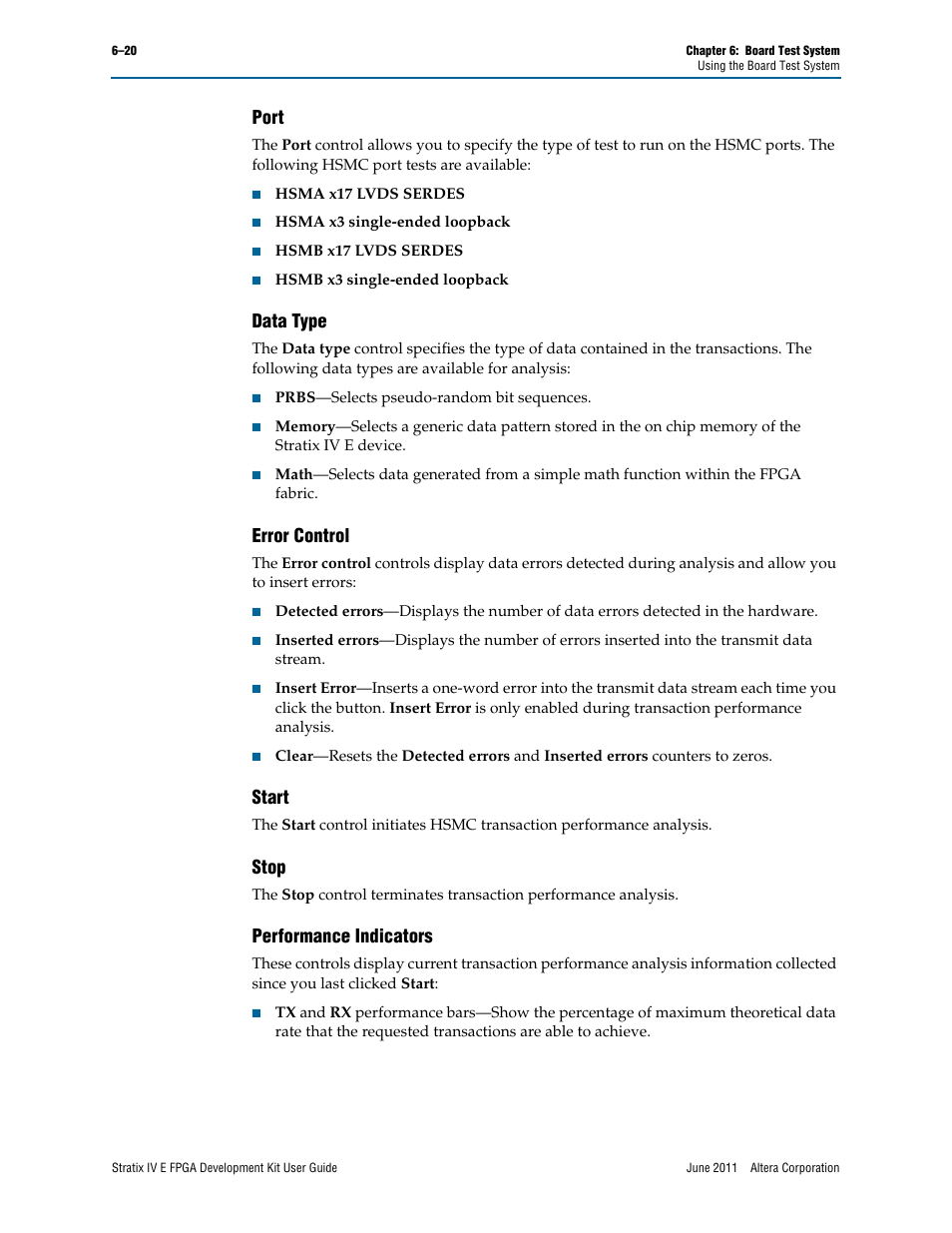 Port, Data type, Error control | Start, Stop, Performance indicators | Altera Stratix IV E FPGA User Manual | Page 46 / 58