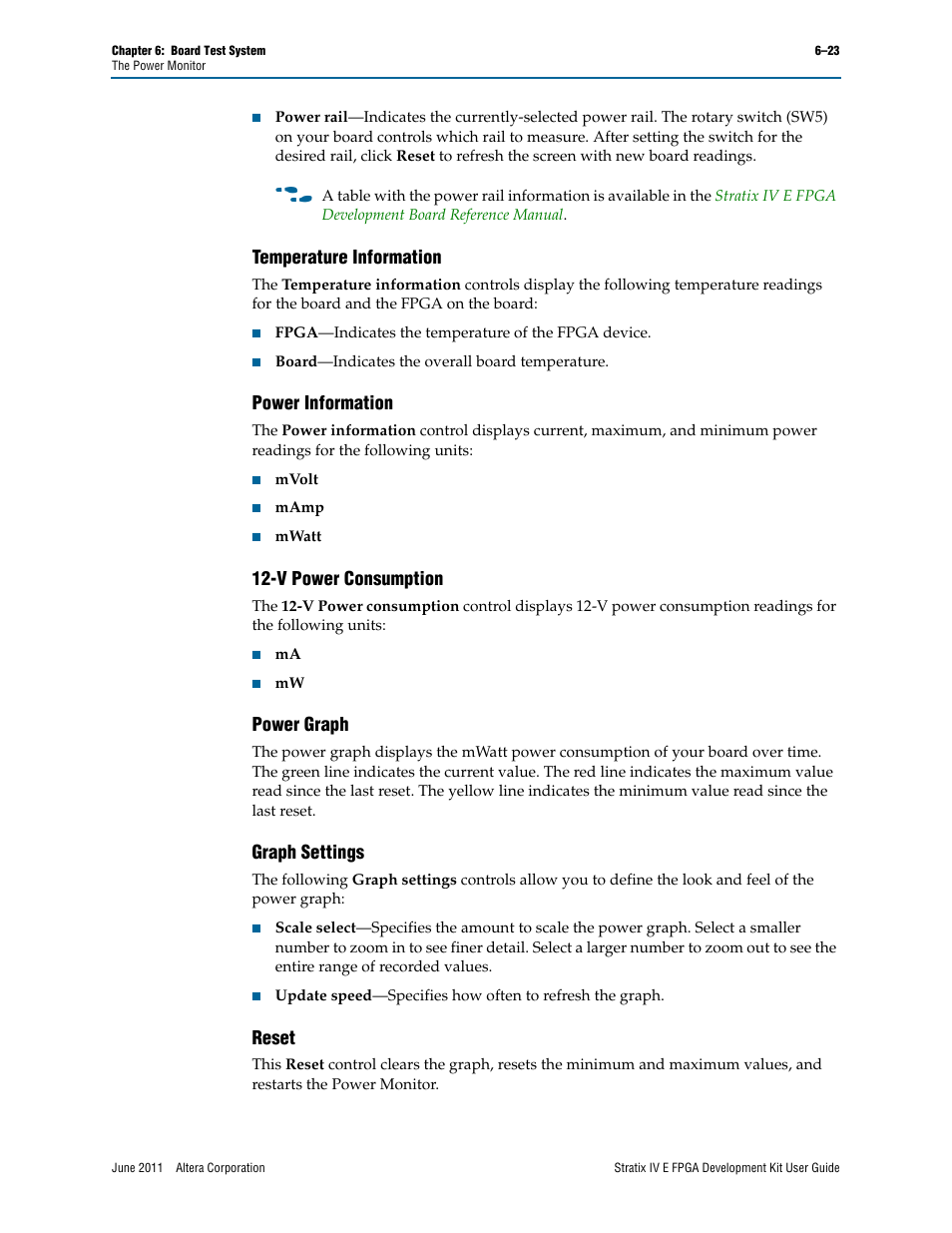 Temperature information, Power information, V power consumption | Power graph, Graph settings, Reset | Altera Stratix IV E FPGA User Manual | Page 49 / 58