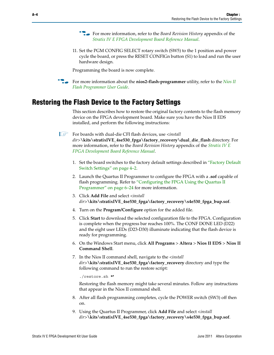 Restoring the flash device to the factory settings, Fer to, Restoring the | Altera Stratix IV E FPGA User Manual | Page 54 / 58
