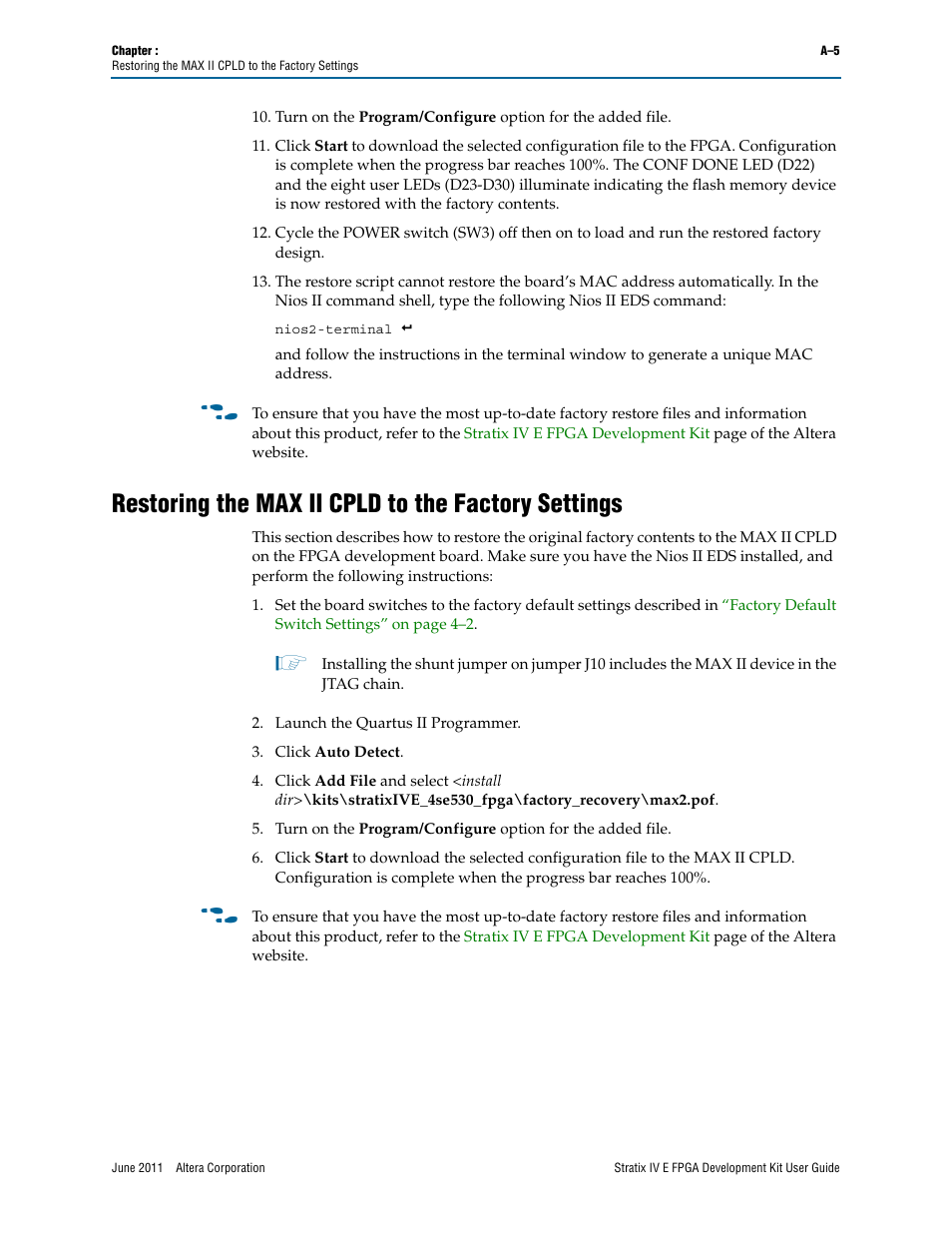 Restoring the max ii cpld to the factory settings | Altera Stratix IV E FPGA User Manual | Page 55 / 58