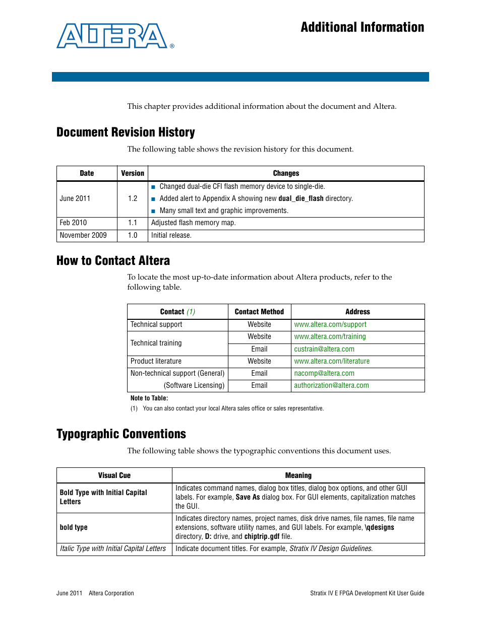 Additional information, Document revision history, How to contact altera | Typographic conventions | Altera Stratix IV E FPGA User Manual | Page 57 / 58