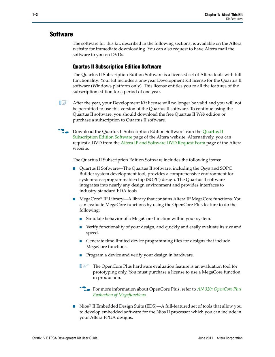 Software, Software –2, Quartus ii subscription edition software –2 | Quartus ii subscription edition software | Altera Stratix IV E FPGA User Manual | Page 8 / 58