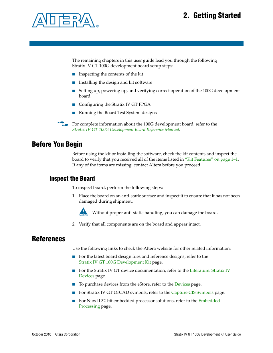 Getting started, Before you begin, Inspect the board | References, Chapter 2. getting started, Before you begin –1, Inspect the board –1, References –1 | Altera Stratix IV GT 100G User Manual | Page 11 / 64