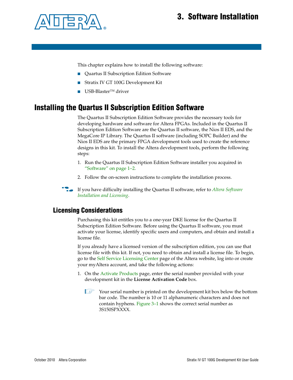 Software installation, Licensing considerations, Chapter 3. software installation | Licensing considerations –1 | Altera Stratix IV GT 100G User Manual | Page 13 / 64