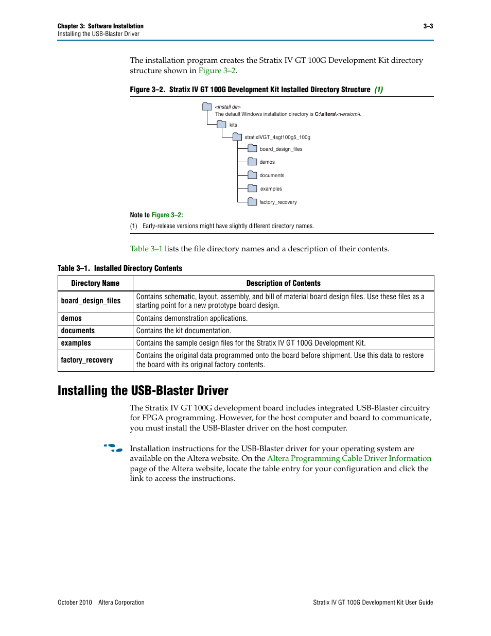 Installing the usb-blaster driver, Installing the usb-blaster driver –3 | Altera Stratix IV GT 100G User Manual | Page 15 / 64