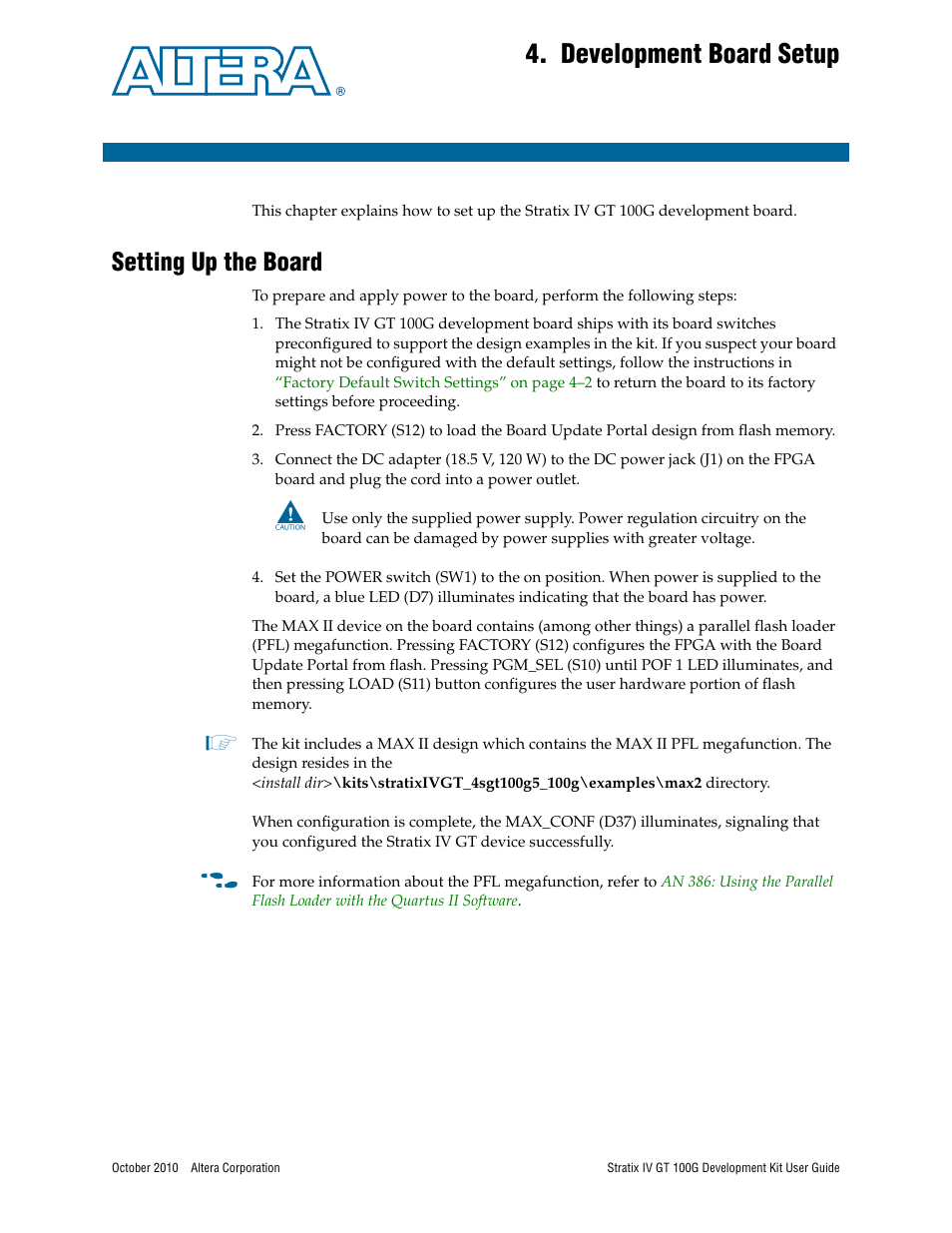 Development board setup, Setting up the board, Chapter 4. development board setup | Setting up the board –1 | Altera Stratix IV GT 100G User Manual | Page 17 / 64