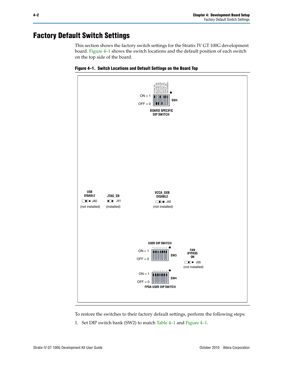 Factory default switch settings, Factory default switch settings –2 | Altera Stratix IV GT 100G User Manual | Page 18 / 64