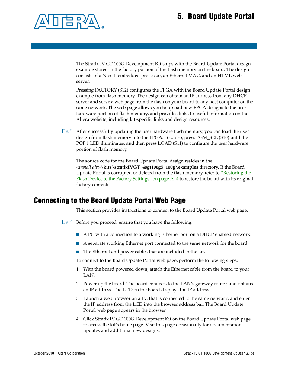 Board update portal, Chapter 5. board update portal, Connecting to the board update portal web page | Altera Stratix IV GT 100G User Manual | Page 21 / 64
