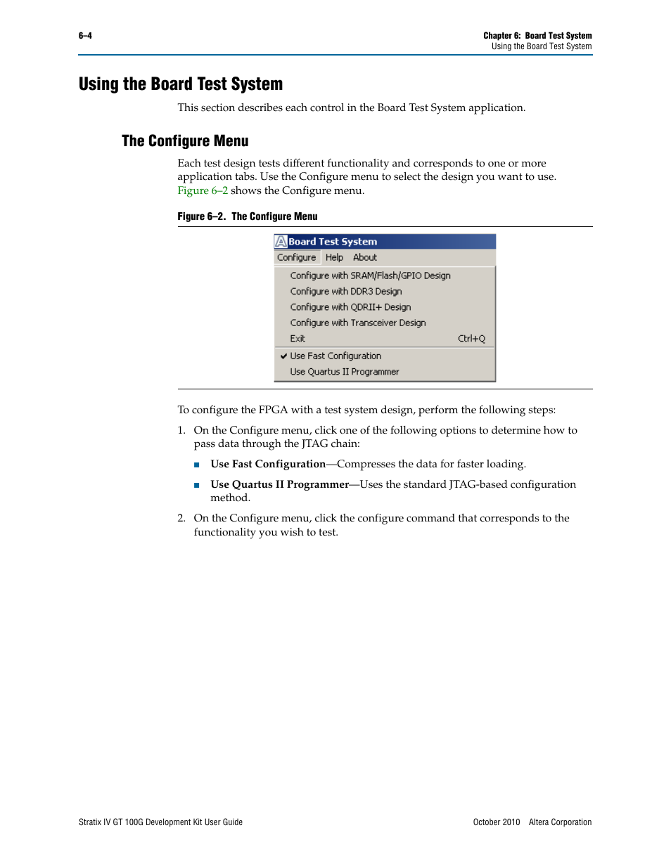 Using the board test system, The configure menu, Using the board test system –4 | The configure menu –4 | Altera Stratix IV GT 100G User Manual | Page 26 / 64
