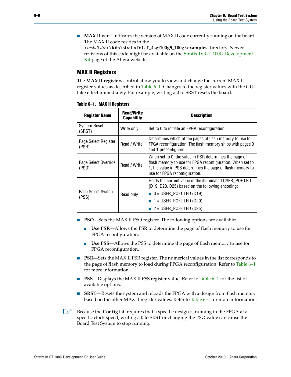 Max ii registers –6, Max ii registers | Altera Stratix IV GT 100G User Manual | Page 28 / 64