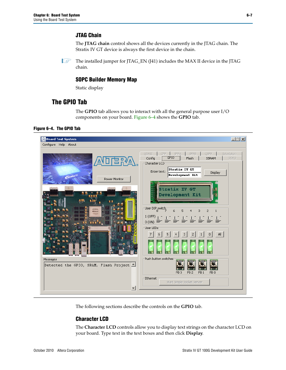 The gpio tab, Jtag chain –7 sopc builder memory map –7, The gpio tab –7 | Character lcd –7 | Altera Stratix IV GT 100G User Manual | Page 29 / 64