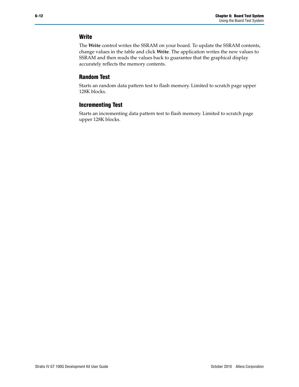 Write –12 random test –12 incrementing test –12, Write, Random test | Incrementing test | Altera Stratix IV GT 100G User Manual | Page 34 / 64