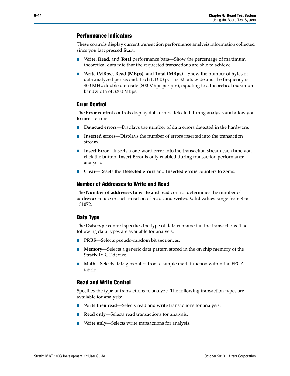 Performance indicators, Error control, Number of addresses to write and read | Data type, Read and write control | Altera Stratix IV GT 100G User Manual | Page 36 / 64