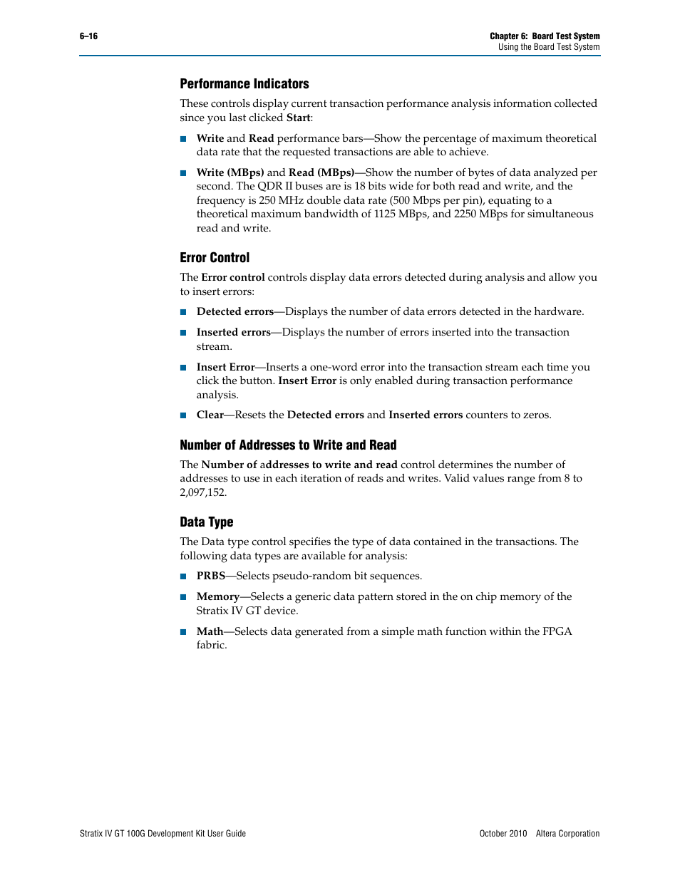 Performance indicators, Error control, Number of addresses to write and read | Data type | Altera Stratix IV GT 100G User Manual | Page 38 / 64