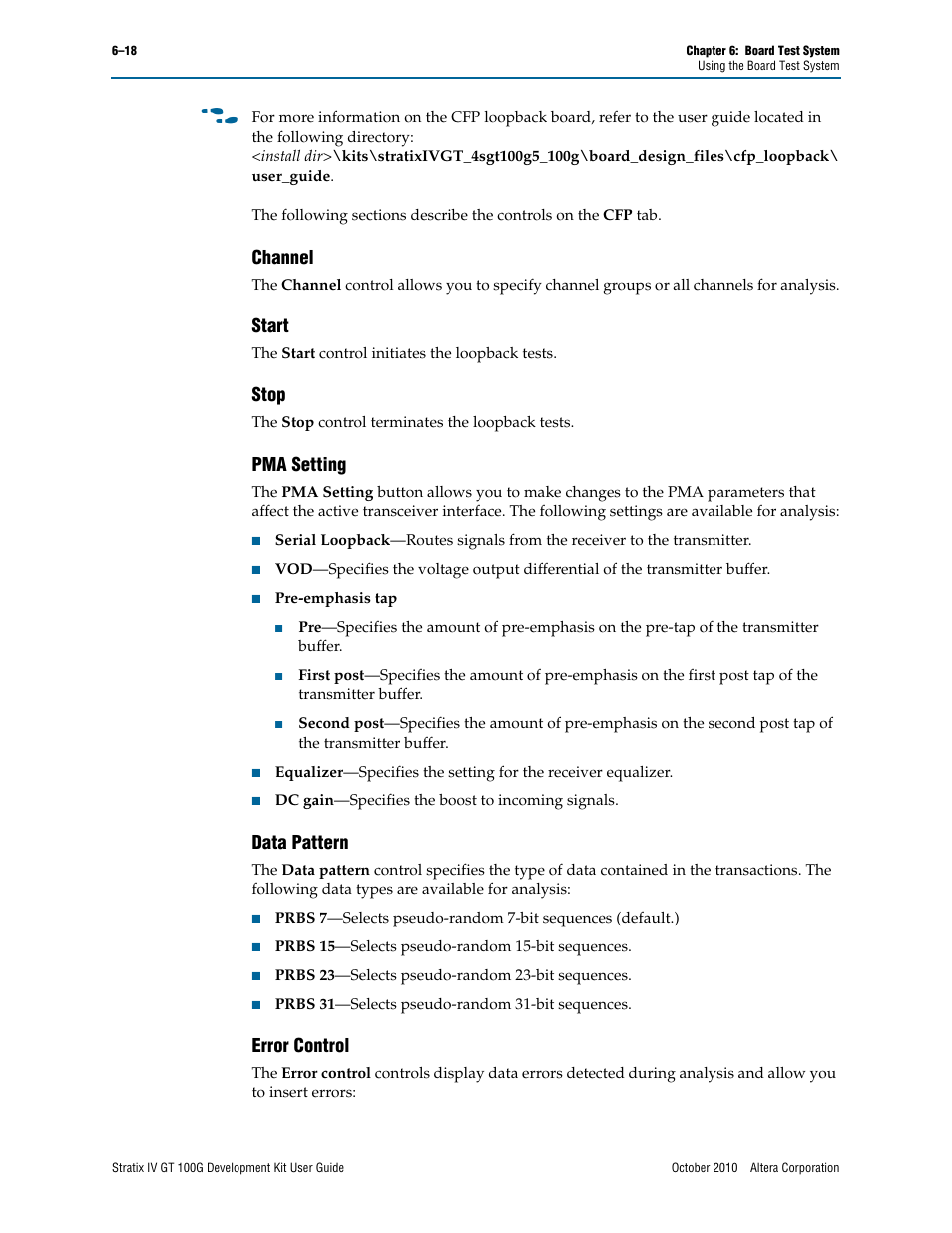 Channel, Start, Stop | Pma setting, Data pattern, Error control | Altera Stratix IV GT 100G User Manual | Page 40 / 64