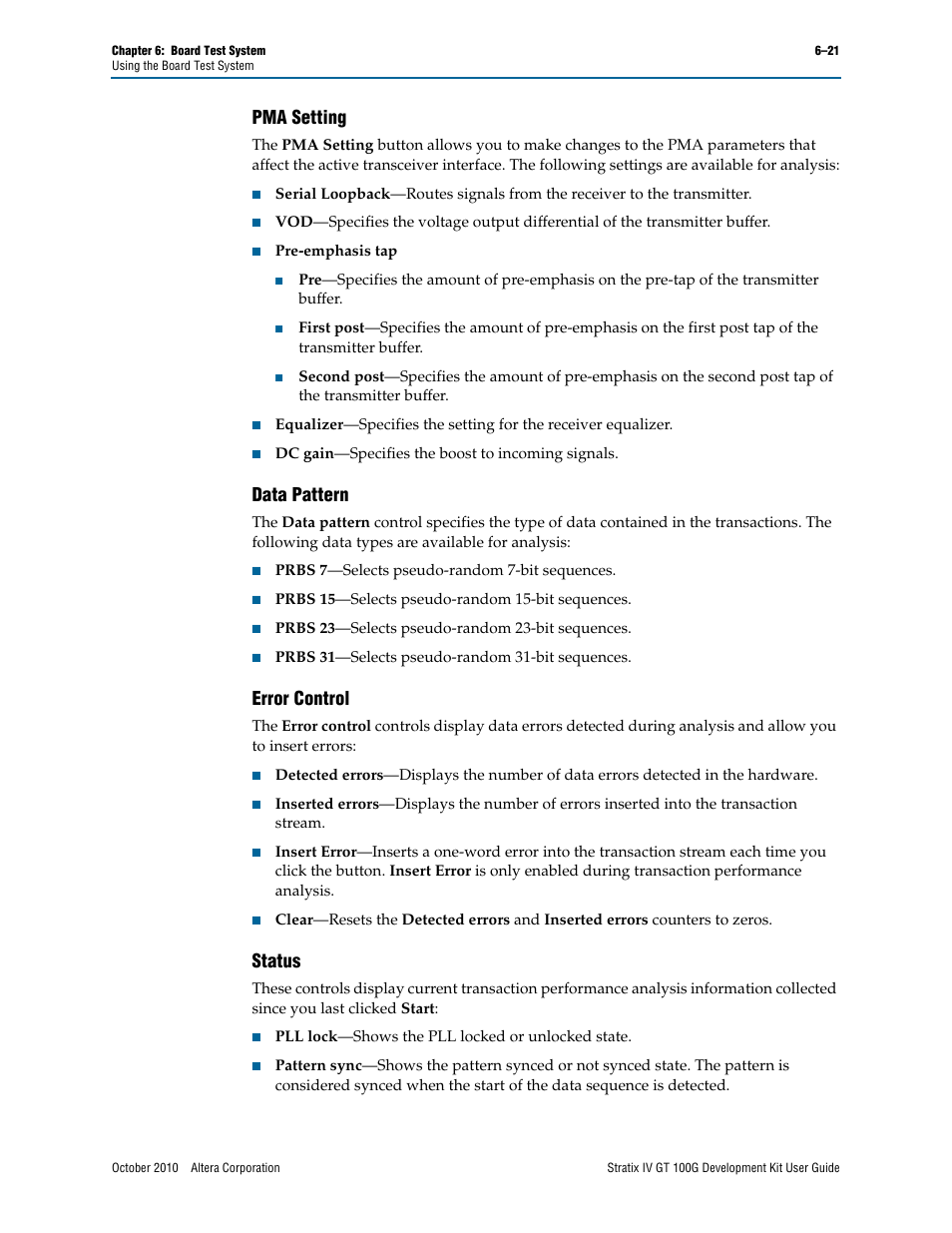 Pma setting, Data pattern, Error control | Status | Altera Stratix IV GT 100G User Manual | Page 43 / 64