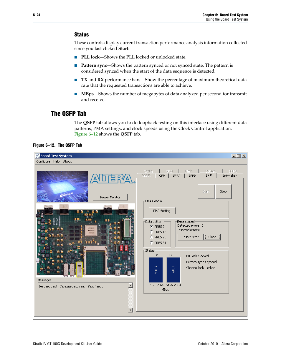The qsfp tab, Status –24, The qsfp tab –24 | Status | Altera Stratix IV GT 100G User Manual | Page 46 / 64