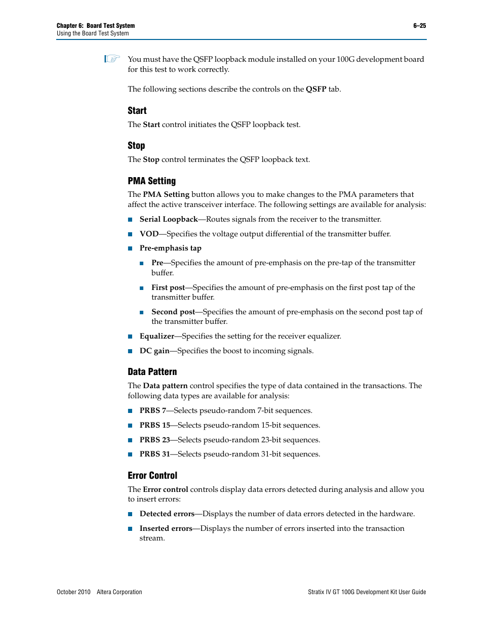 Start, Stop, Pma setting | Data pattern, Error control | Altera Stratix IV GT 100G User Manual | Page 47 / 64