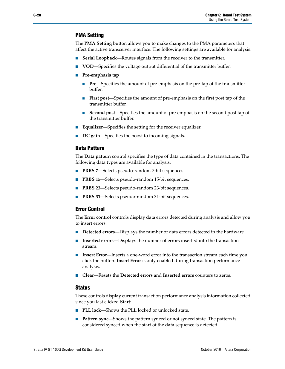 Pma setting, Data pattern, Error control | Status | Altera Stratix IV GT 100G User Manual | Page 50 / 64