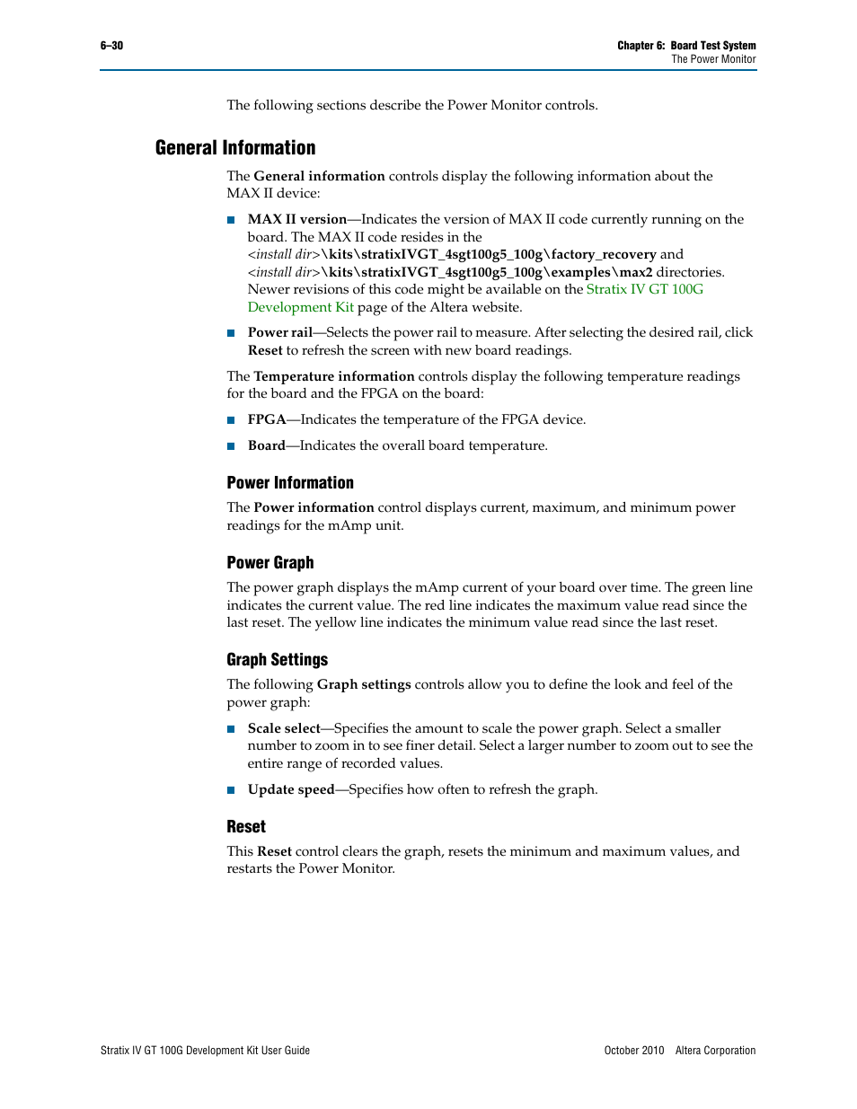 General information, General information –30, Power information | Power graph, Graph settings, Reset | Altera Stratix IV GT 100G User Manual | Page 52 / 64