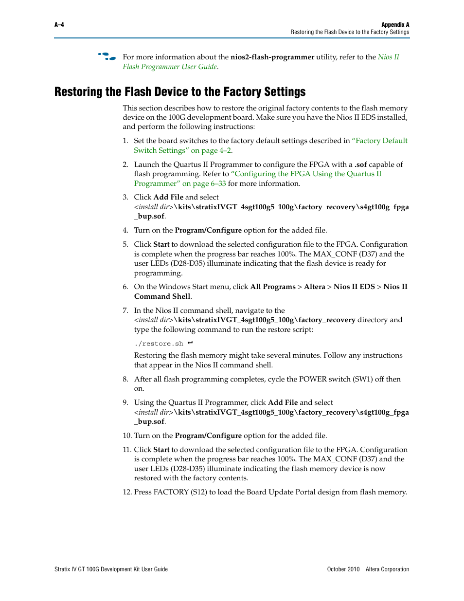 Restoring the flash device to the factory settings, Fer to, Restoring the | Altera Stratix IV GT 100G User Manual | Page 60 / 64