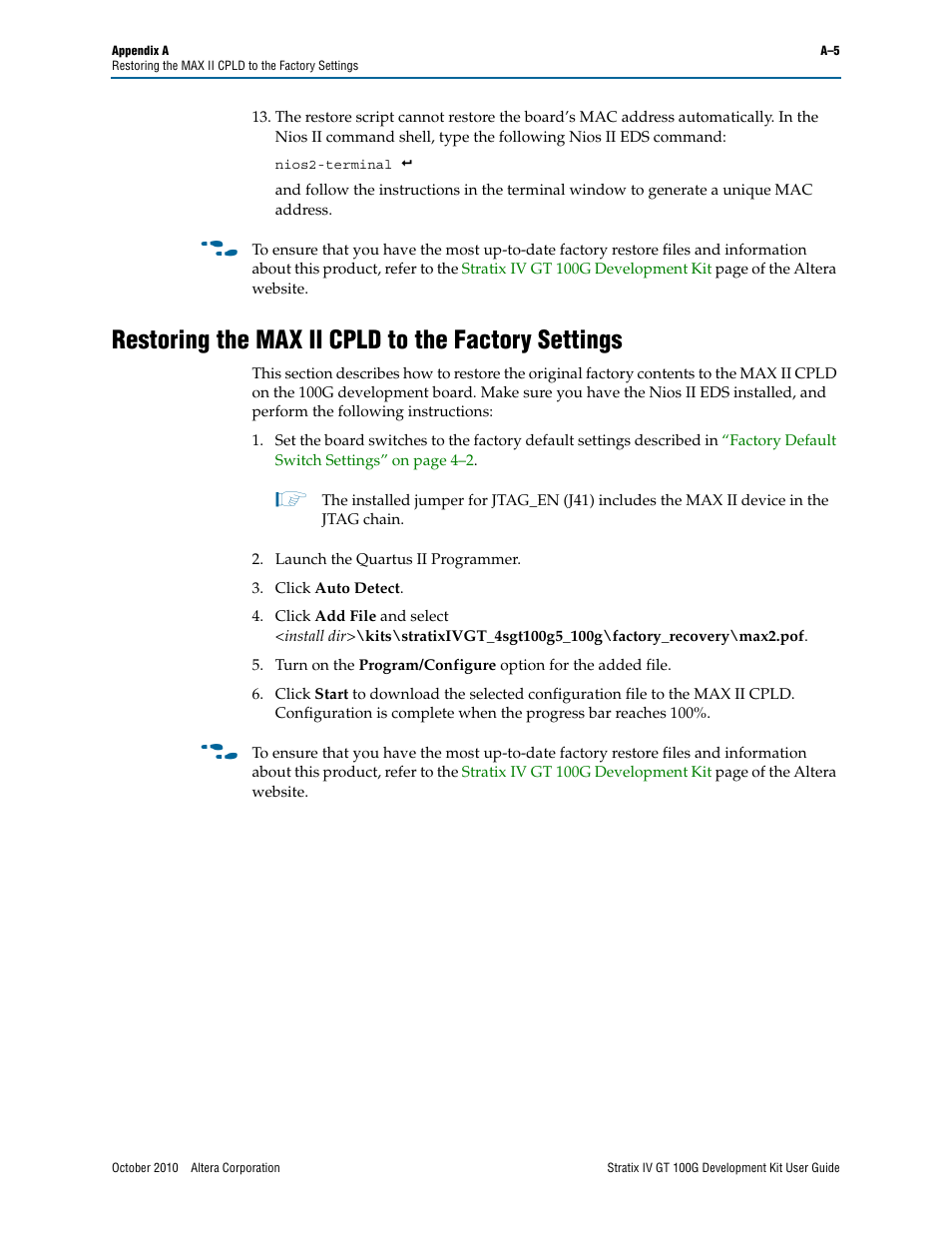 Restoring the max ii cpld to the factory settings | Altera Stratix IV GT 100G User Manual | Page 61 / 64