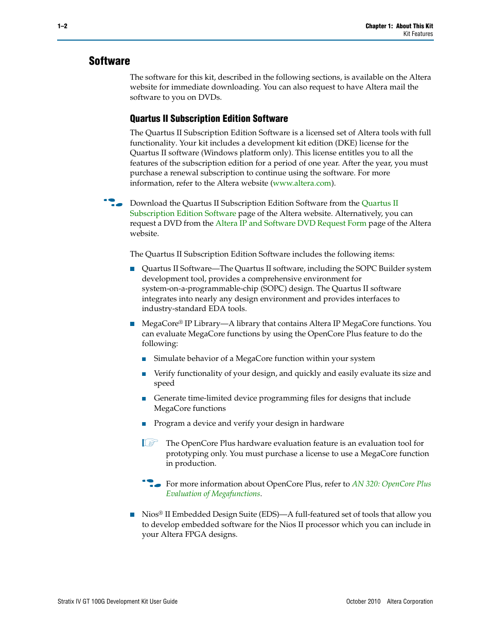 Software, Software –2, Quartus ii subscription edition software –2 | Quartus ii subscription edition software | Altera Stratix IV GT 100G User Manual | Page 8 / 64