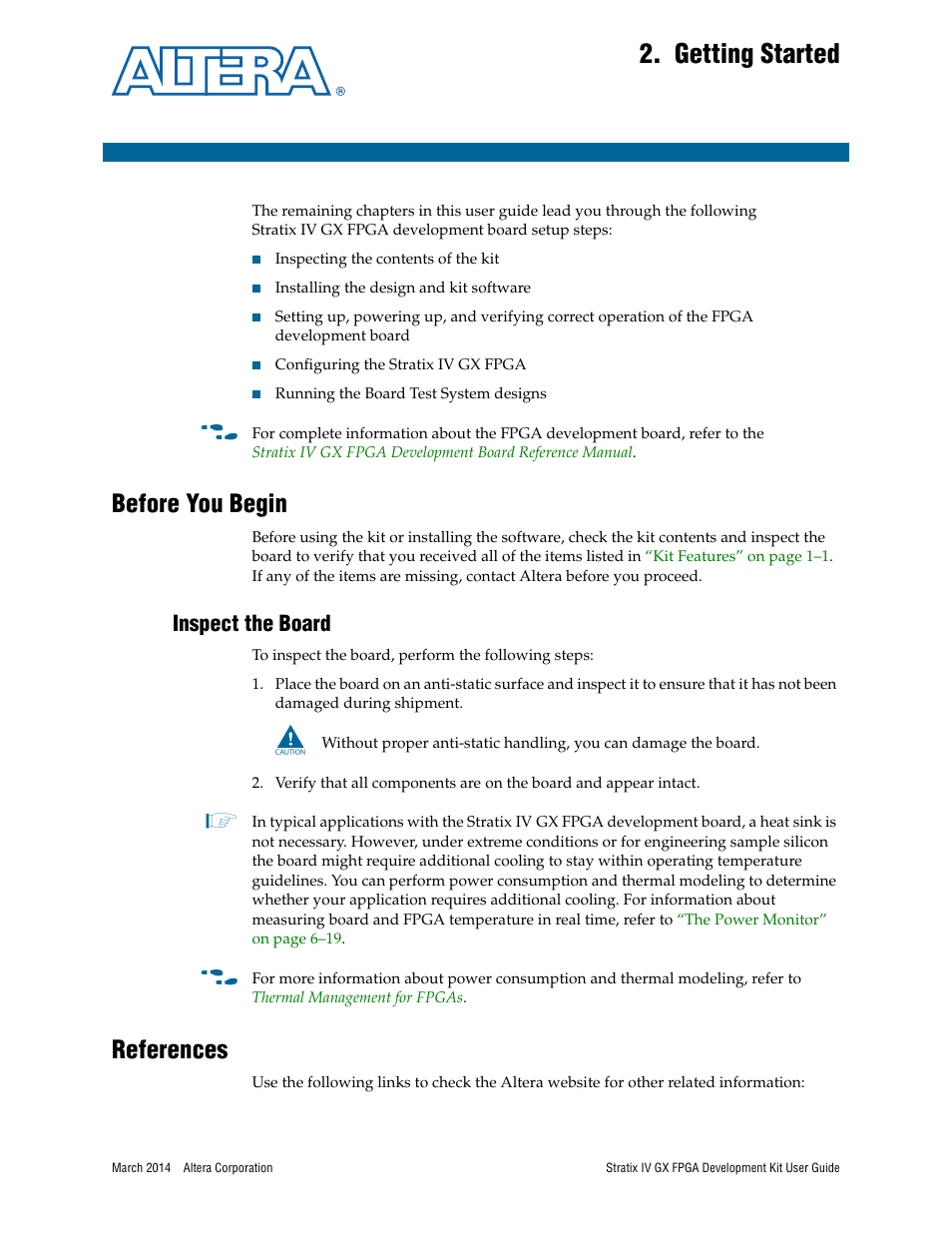 Getting started, Before you begin, Inspect the board | References | Altera Stratix IV GX FPGA User Manual | Page 11 / 58
