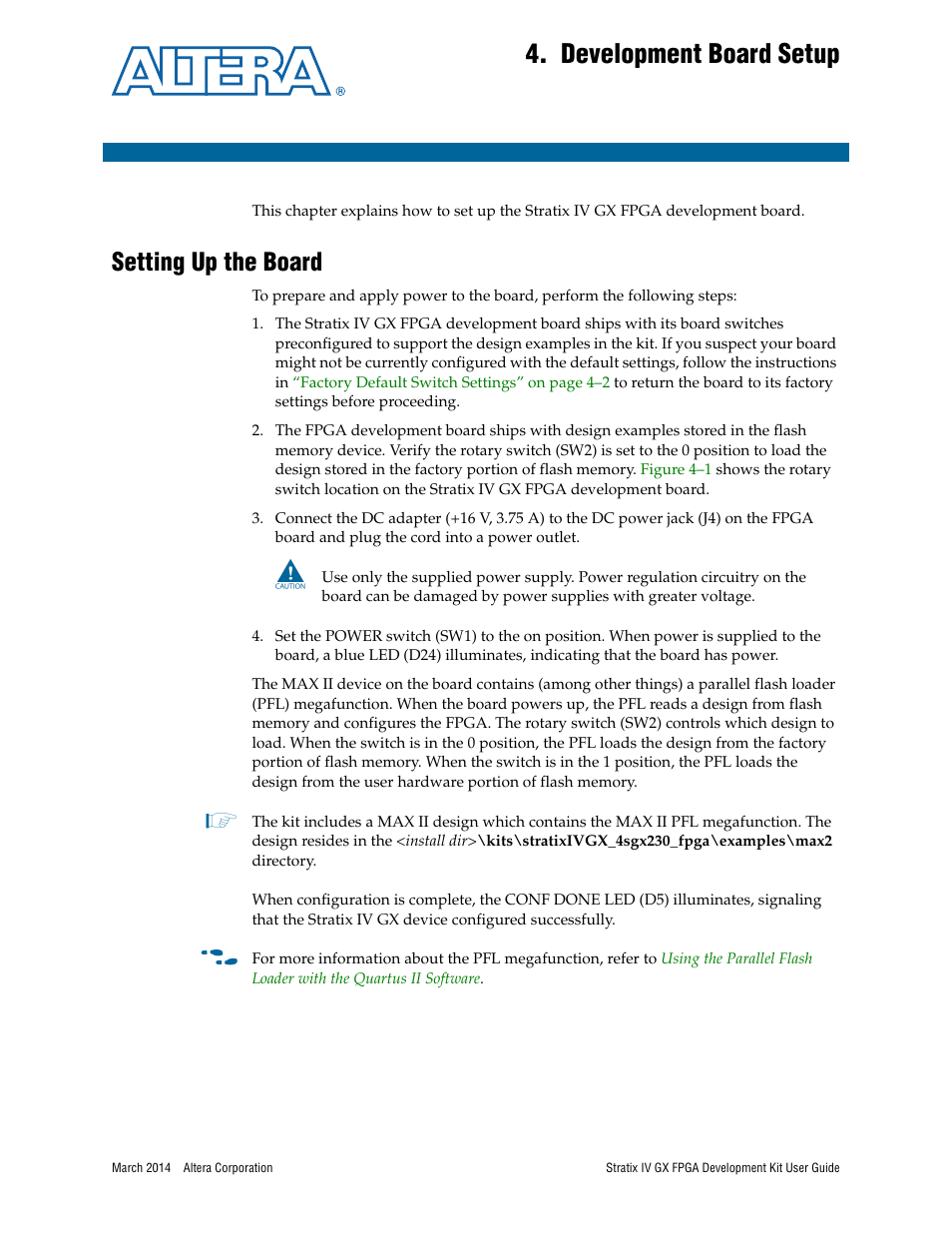 Development board setup, Setting up the board | Altera Stratix IV GX FPGA User Manual | Page 17 / 58