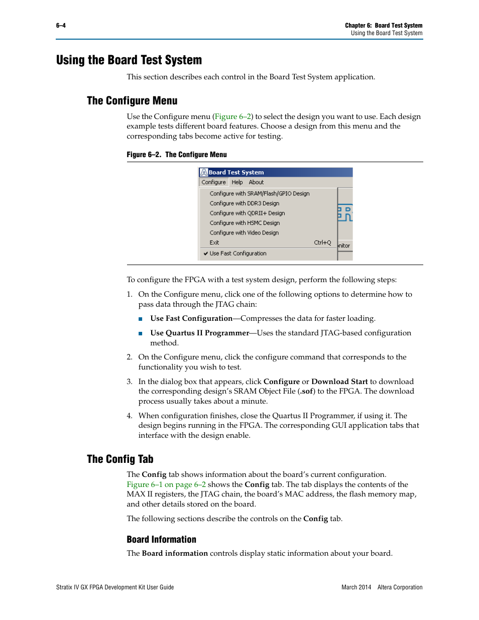 Using the board test system, The configure menu, The config tab | Altera Stratix IV GX FPGA User Manual | Page 28 / 58
