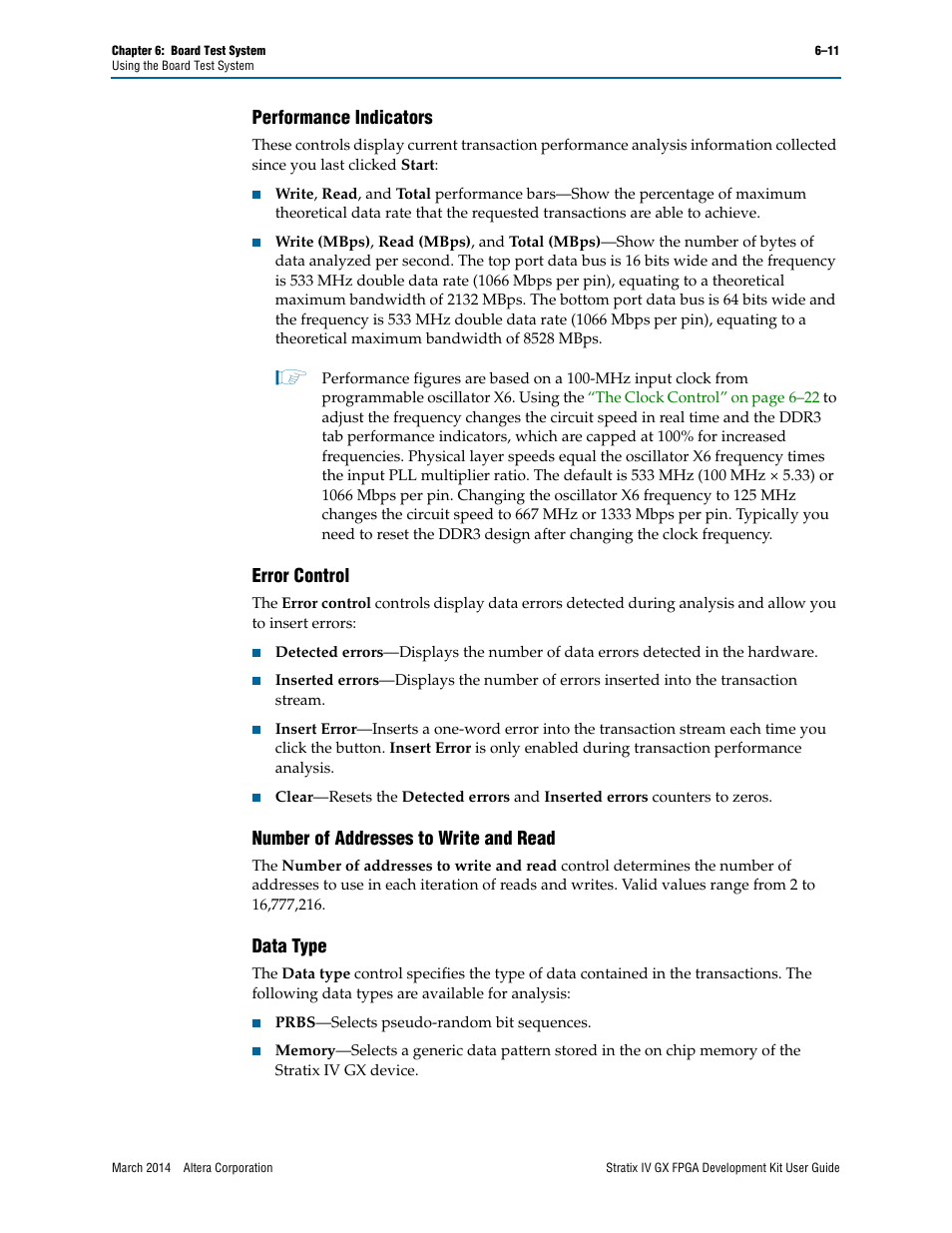 Performance indicators, Error control, Number of addresses to write and read | Data type | Altera Stratix IV GX FPGA User Manual | Page 35 / 58
