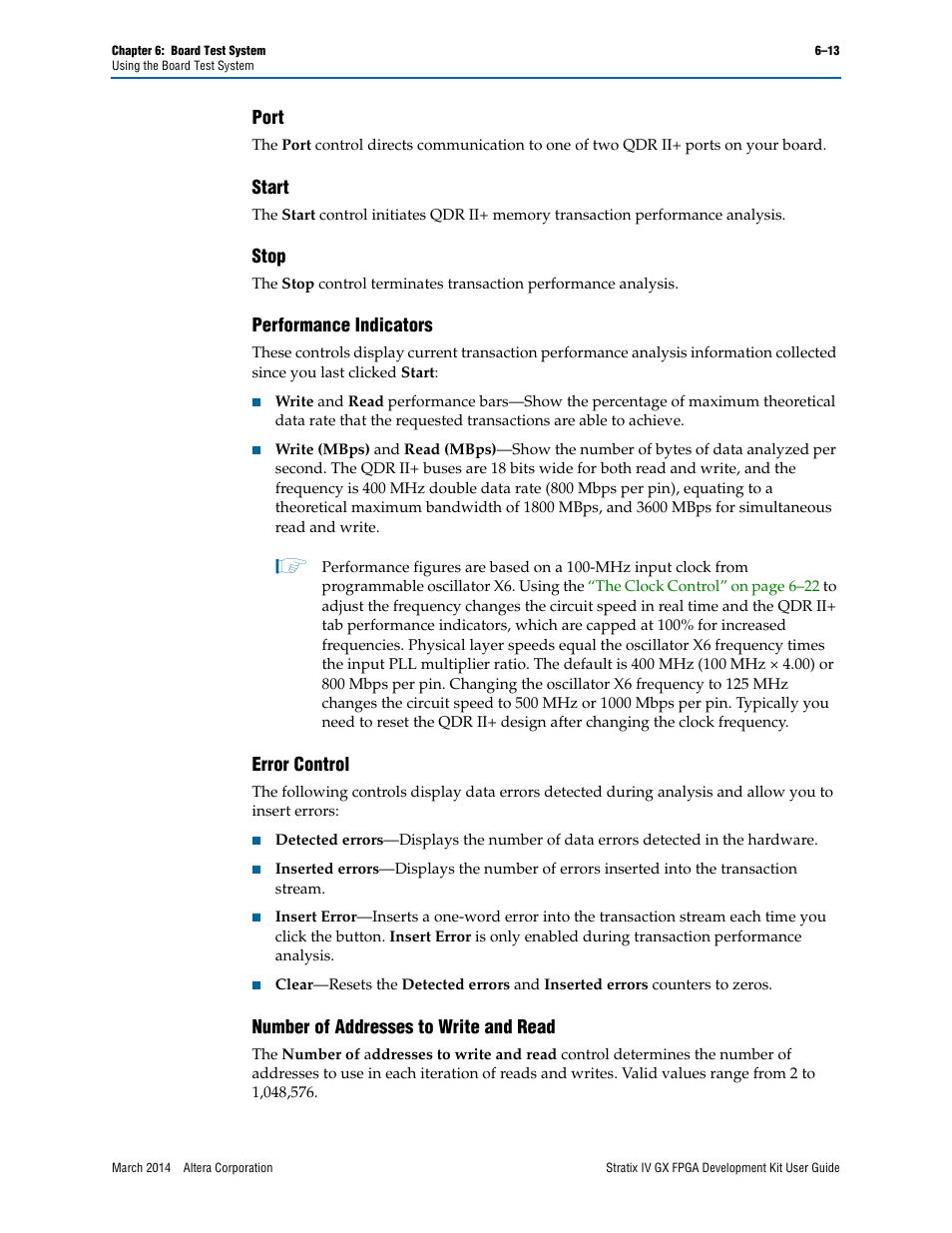 Port, Start, Stop | Performance indicators, Error control, Number of addresses to write and read | Altera Stratix IV GX FPGA User Manual | Page 37 / 58