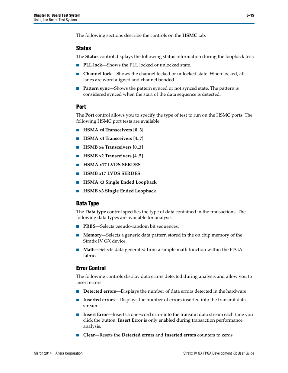 Status, Port, Data type | Error control | Altera Stratix IV GX FPGA User Manual | Page 39 / 58