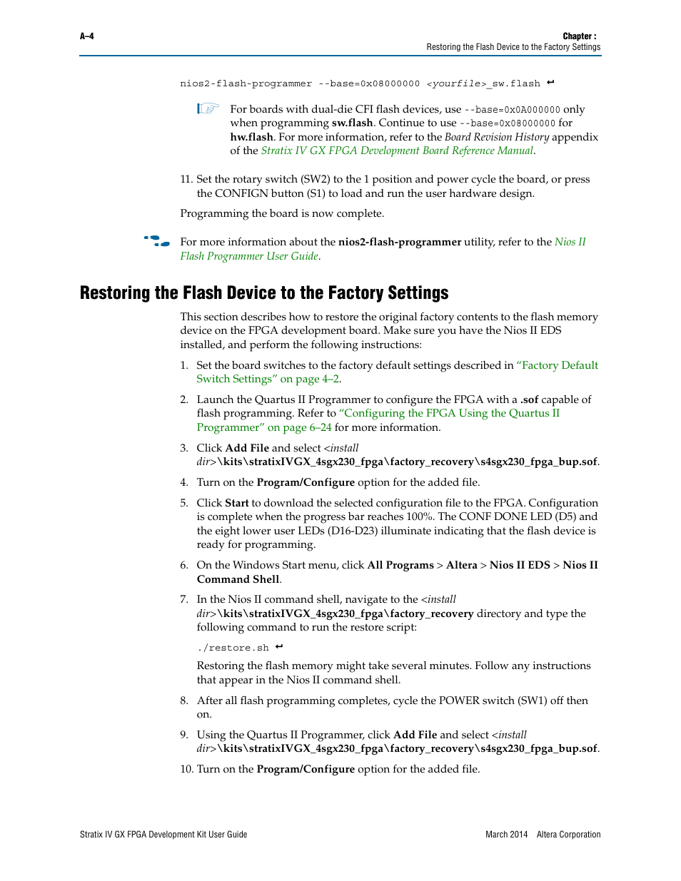 Restoring the flash device to the factory settings, Fer to, Restoring the | Altera Stratix IV GX FPGA User Manual | Page 52 / 58