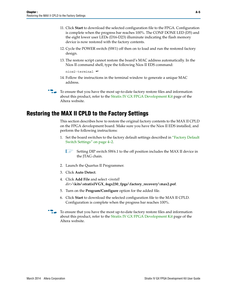 Restoring the max ii cpld to the factory settings | Altera Stratix IV GX FPGA User Manual | Page 53 / 58