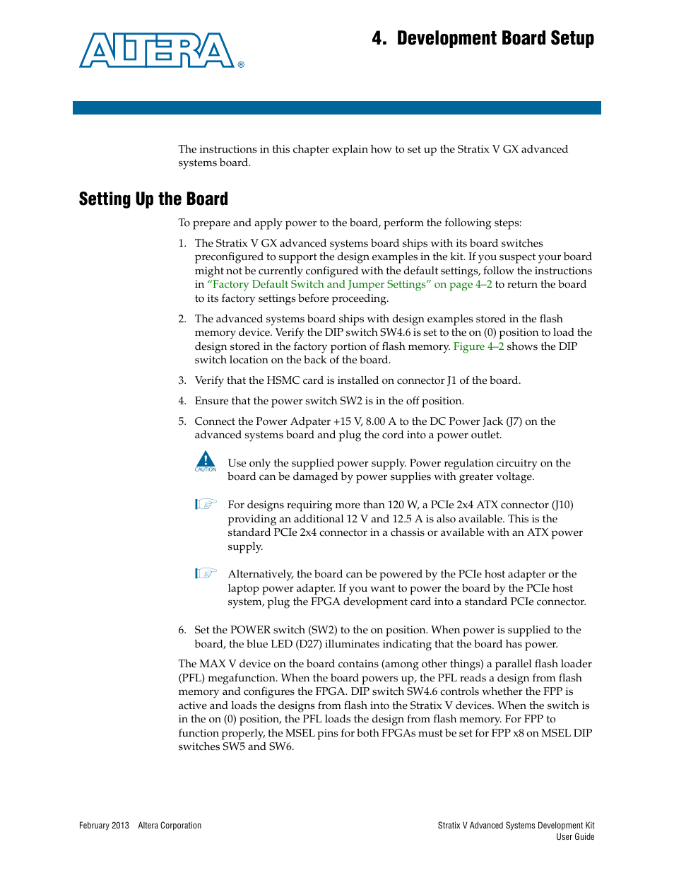 Development board setup, Setting up the board, Chapter 4. development board setup | Setting up the board –1 | Altera Stratix V Advanced Systems User Manual | Page 13 / 42