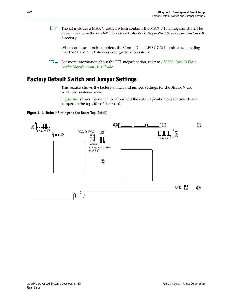 Factory default switch and jumper settings, Factory default switch and jumper settings –2 | Altera Stratix V Advanced Systems User Manual | Page 14 / 42
