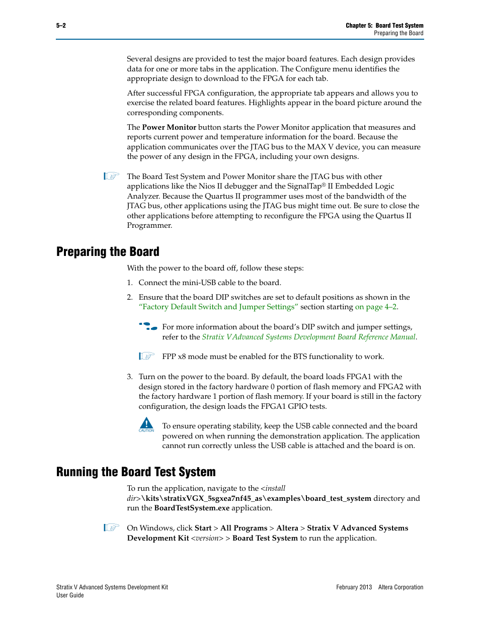 Preparing the board, Running the board test system | Altera Stratix V Advanced Systems User Manual | Page 20 / 42