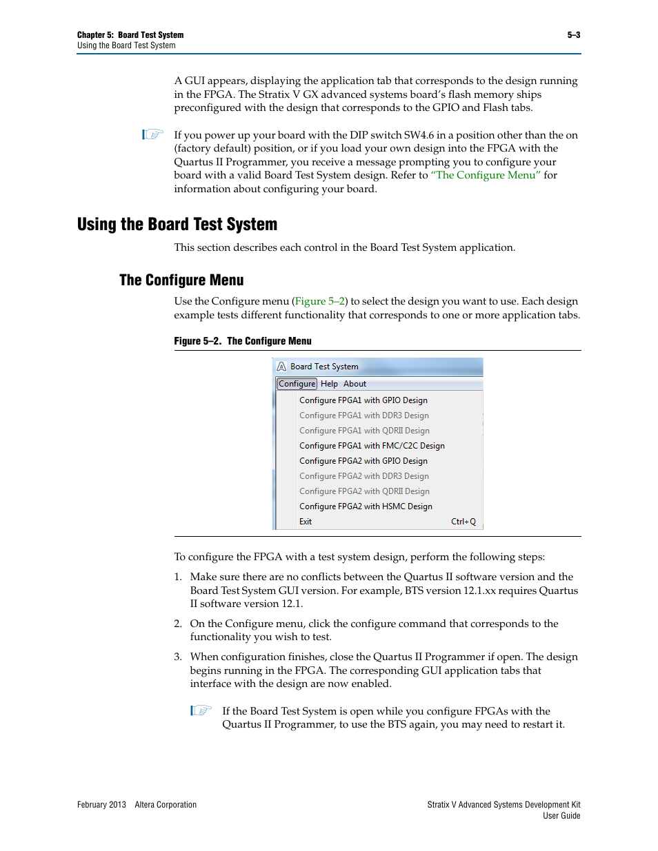 Using the board test system, The configure menu, Using the board test system –3 | The configure menu –3 | Altera Stratix V Advanced Systems User Manual | Page 21 / 42