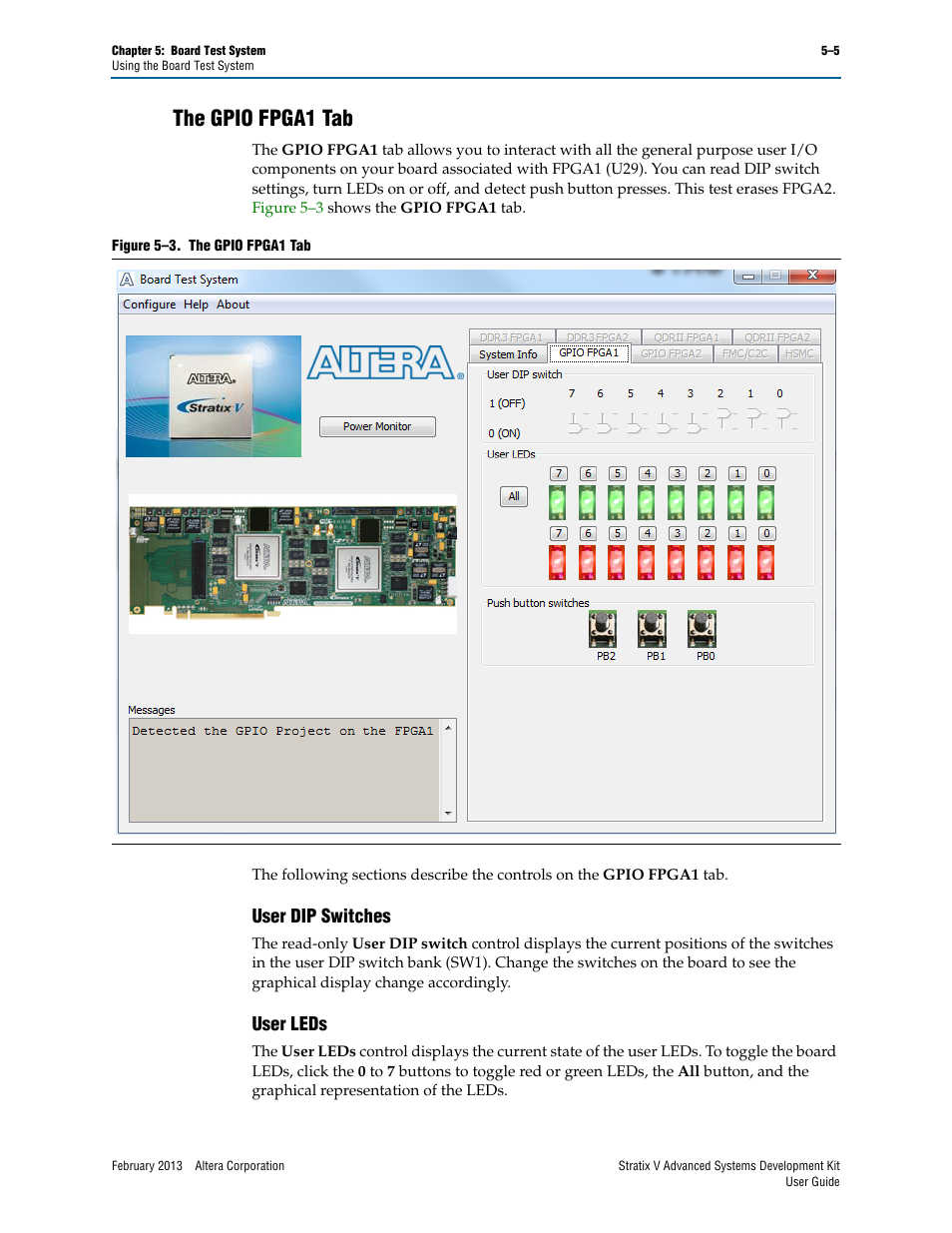 The gpio fpga1 tab, User dip switches, User leds | The gpio fpga1 tab –5, User dip switches –5 user leds –5 | Altera Stratix V Advanced Systems User Manual | Page 23 / 42