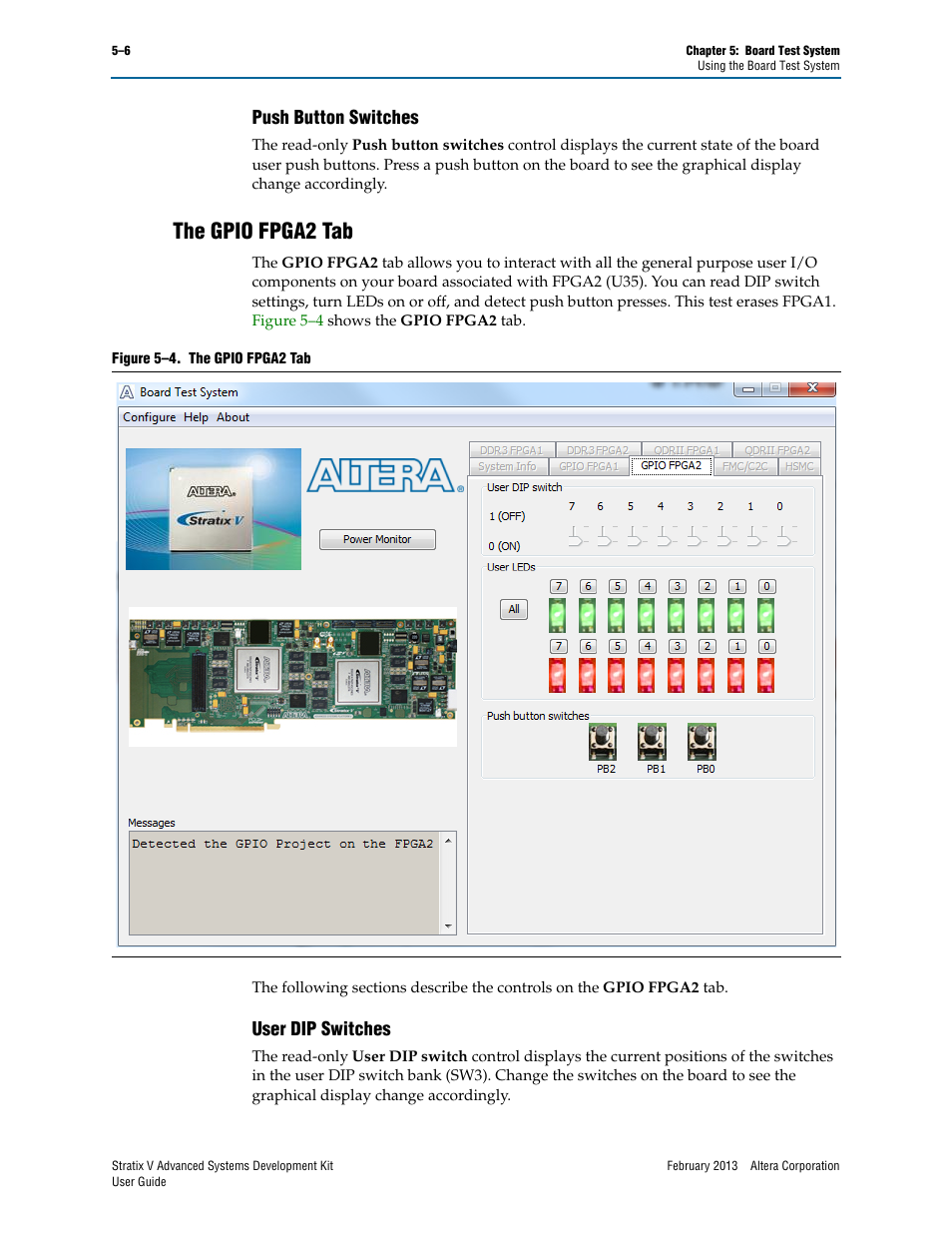 Push button switches, The gpio fpga2 tab, User dip switches | Push button switches –6, The gpio fpga2 tab –6, User dip switches –6 | Altera Stratix V Advanced Systems User Manual | Page 24 / 42