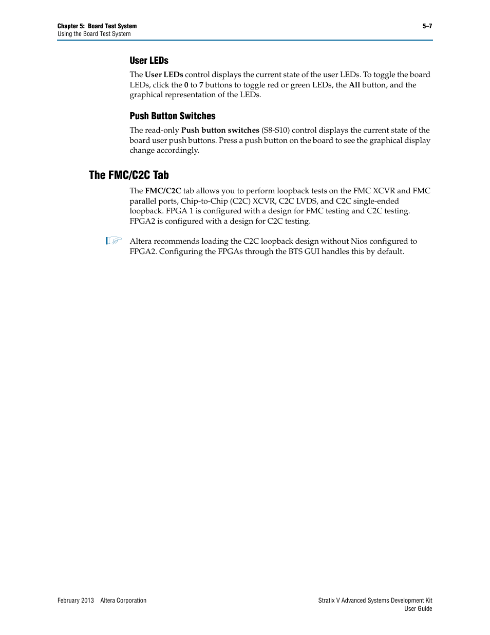 User leds, Push button switches, The fmc/c2c tab | User leds –7 push button switches –7, The fmc/c2c tab –7 | Altera Stratix V Advanced Systems User Manual | Page 25 / 42